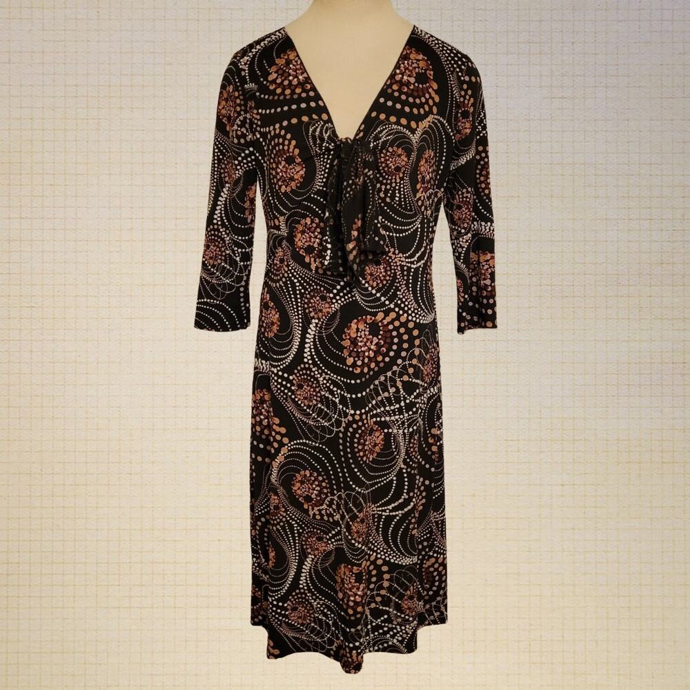 80s Retro Michele Bohbot Stretch Jersey Midi Dress Deep V Neck Size 8